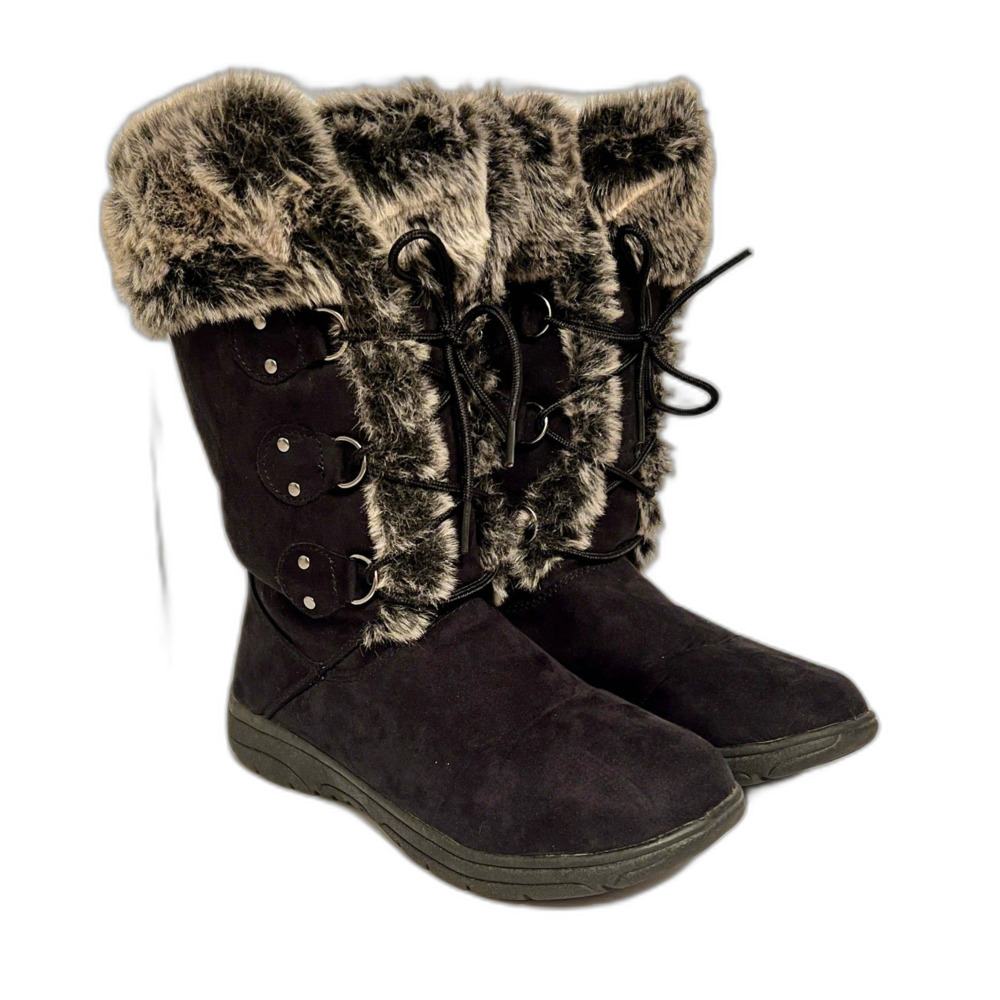 St. John's Bay Black Faux Fur Lace Up Winter Boots Size 9
